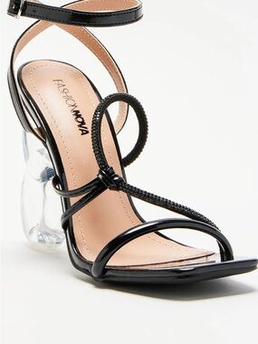 Fashion Nova Black Patent Strappy Heeled Sandal with Clear Sculpted Heel